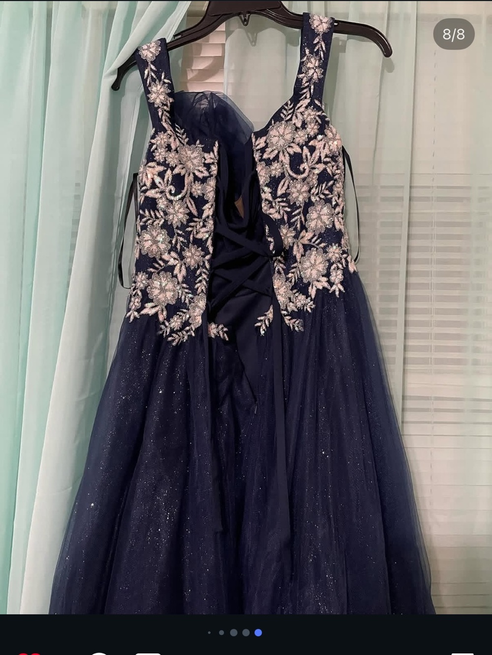 Navy Off-Shoulder Glitter Prom Dress with White Floral Embroidery - Picture 3 of 3